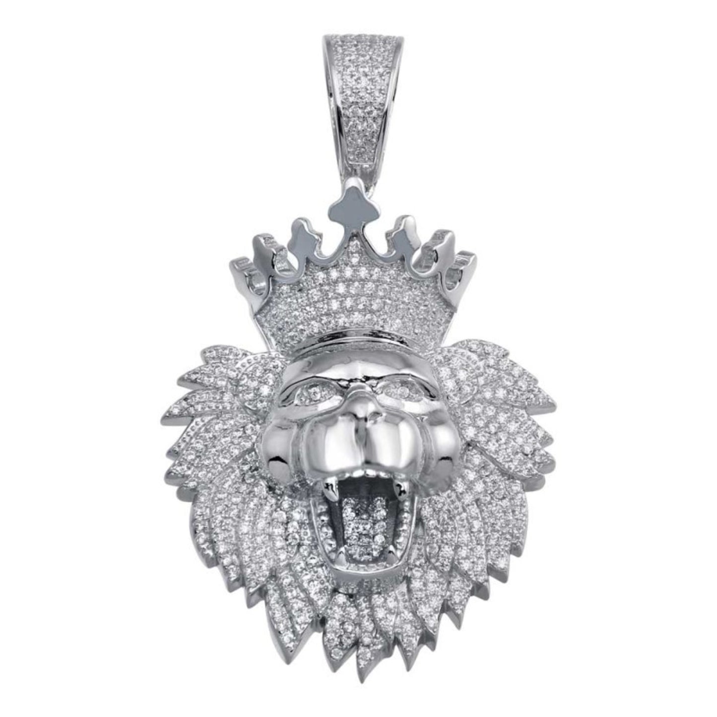 MENS RHODIUM PLATED CZ CROWNED LION HIP HOP PENDANT WITH CHAIN - (STERLING SILVER)