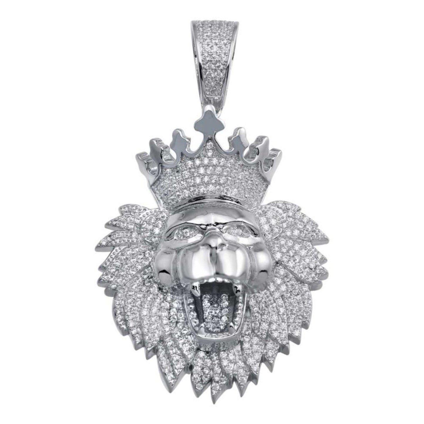 MENS RHODIUM PLATED CZ CROWNED LION HIP HOP PENDANT WITH CHAIN - (STERLING SILVER)