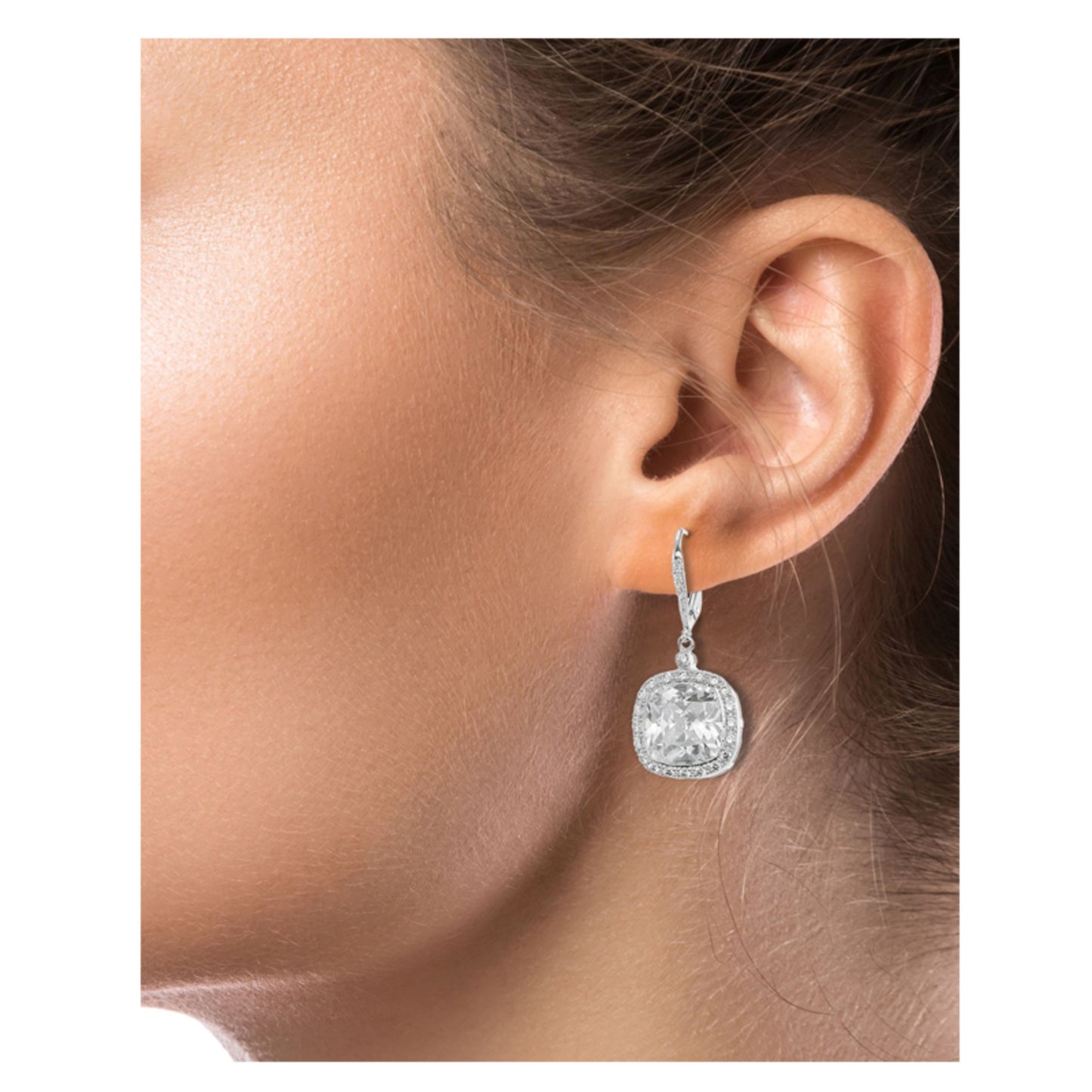 LADIES HALO CUSHION DANGLE EARRINGS