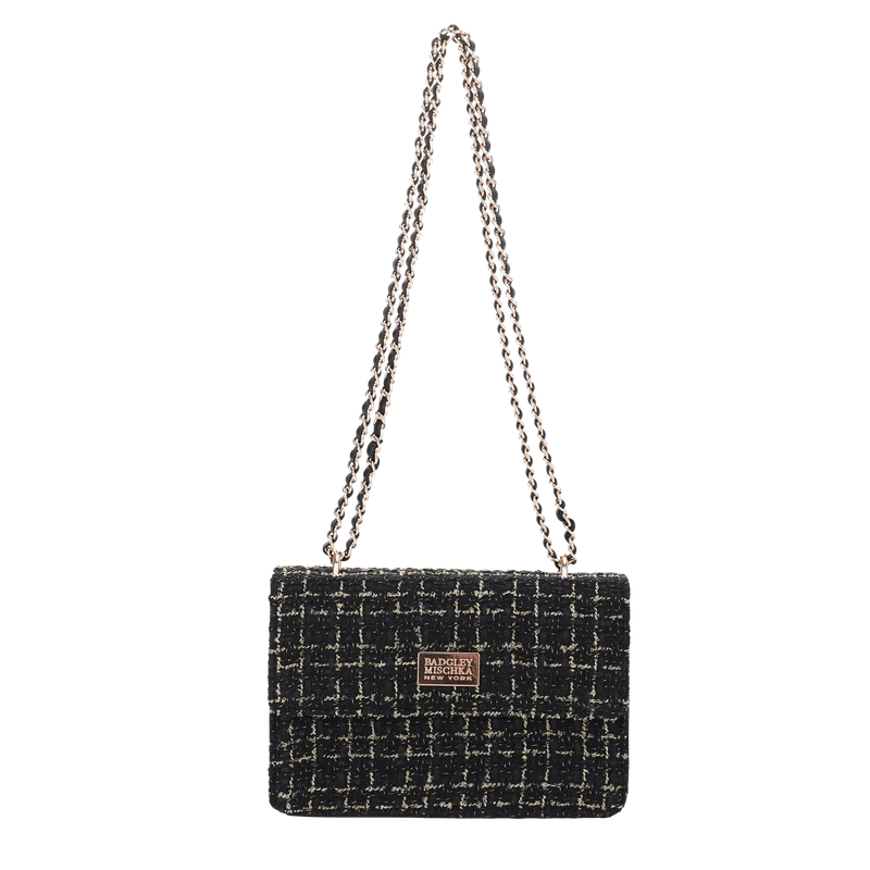 Tweed Chain Shoulder Bag and Gold Double Strand Paperclip Necklace