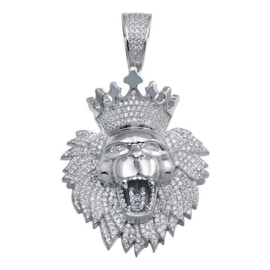 MENS RHODIUM PLATED CZ CROWNED LION HIP HOP PENDANT WITH CHAIN - (STERLING SILVER)