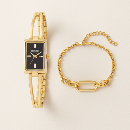 Woman's Gold Rectangle Watch & Gold Paperclip Bracelet