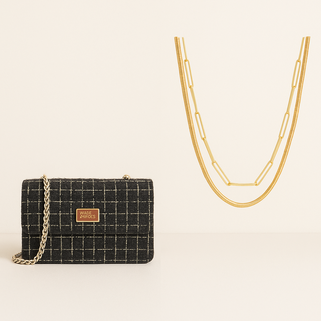 Tweed Chain Shoulder Bag and Gold Double Strand Paperclip Necklace