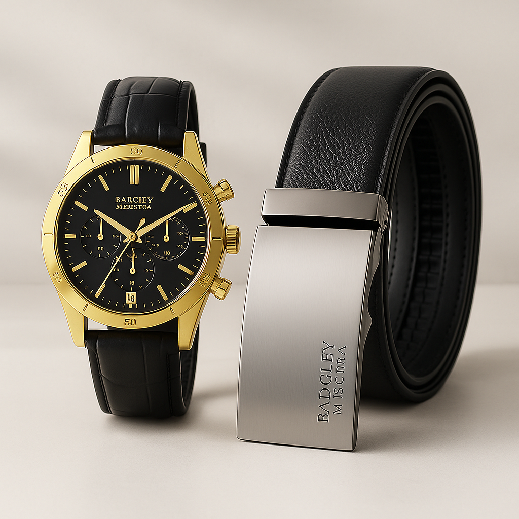 Men's Gold Round Watch w/ Black Dial and Men's Regular Ratchet Belt