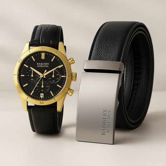 Men's Gold Round Watch w/ Black Dial and Men's Regular Ratchet Belt